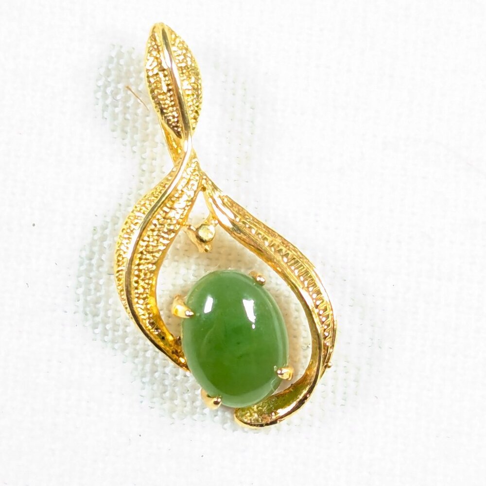 Moss green Nephrite jade stone pendant in gold plated metal, good luck jewelry